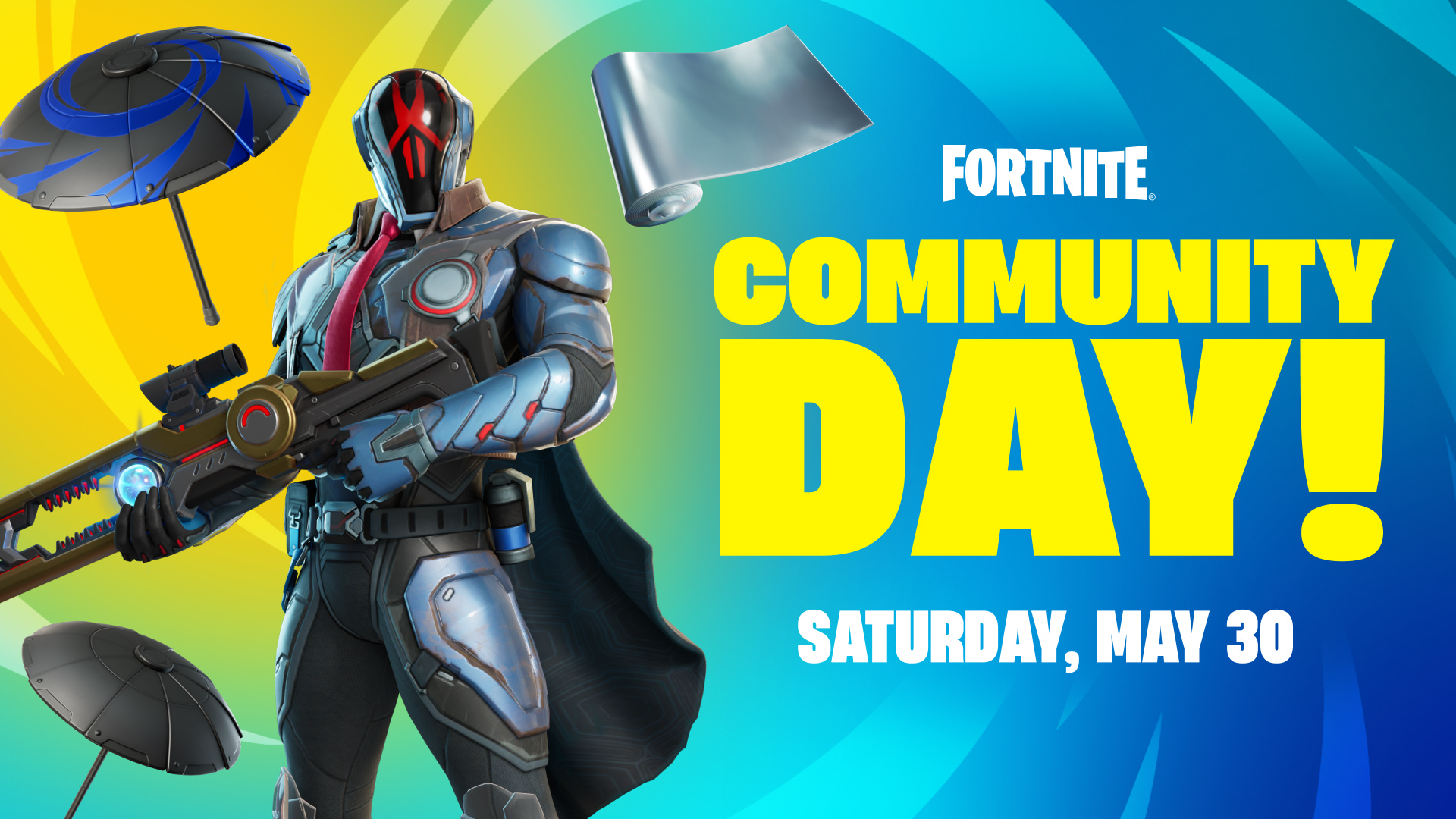 Fortnite Community Day login rewards: Foundation Workplace Style, Community Brella, Silver Surfer Wrap — Saturday, May 30, 2026