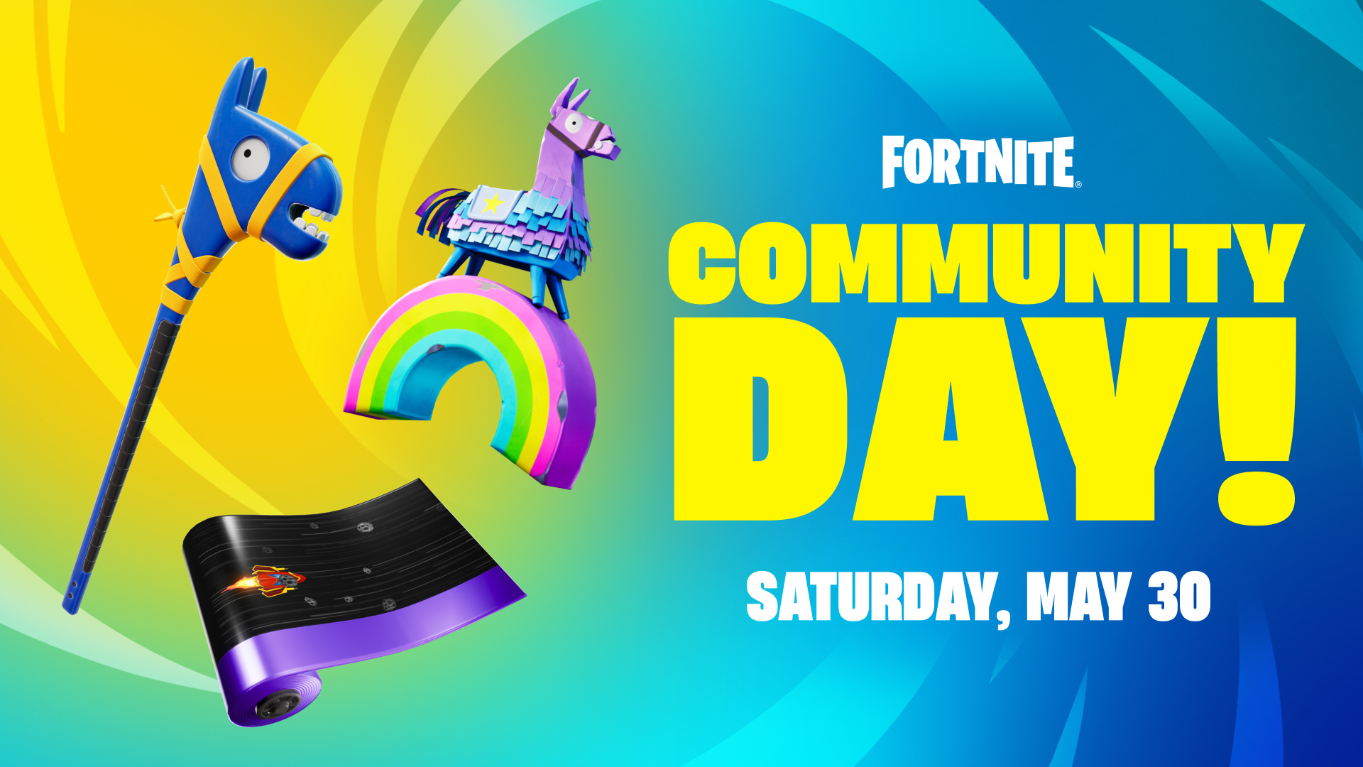 Fortnite Community Day Victory Royale rewards: Llemmie Pickaxe pickaxe llama, Loons Back Bling, and Space Blaster Wrap — Saturday, May 30, 2026
