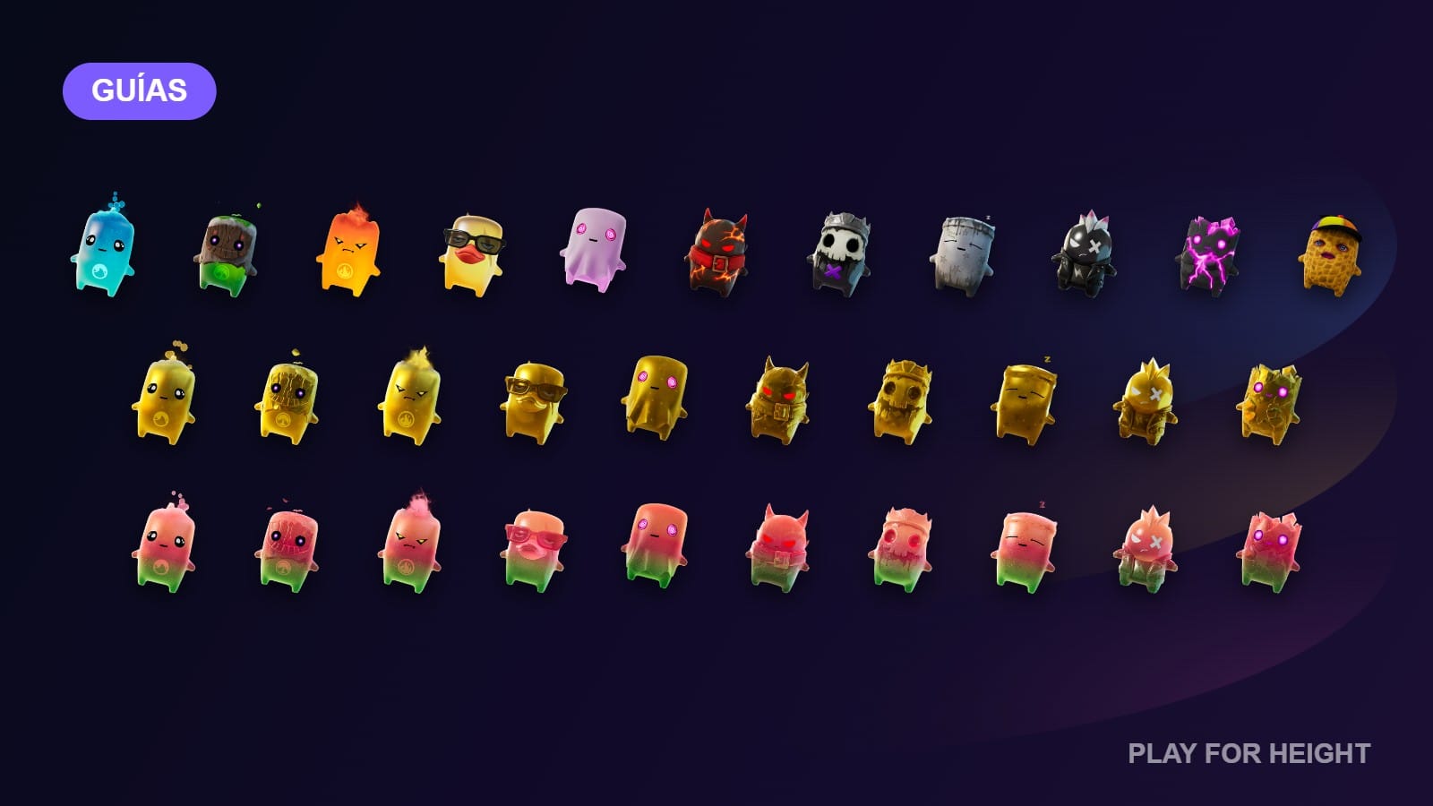 Todos los Sprites de Fortnite (base, Gold y gomita) para el Mastery Monday